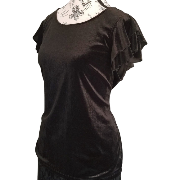Vintage 90s black velvet basic top with ruffle sleeves - Picture 3 of 6